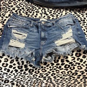 KanCan Distressed Denim Cutoff Shorts - Medium Blue